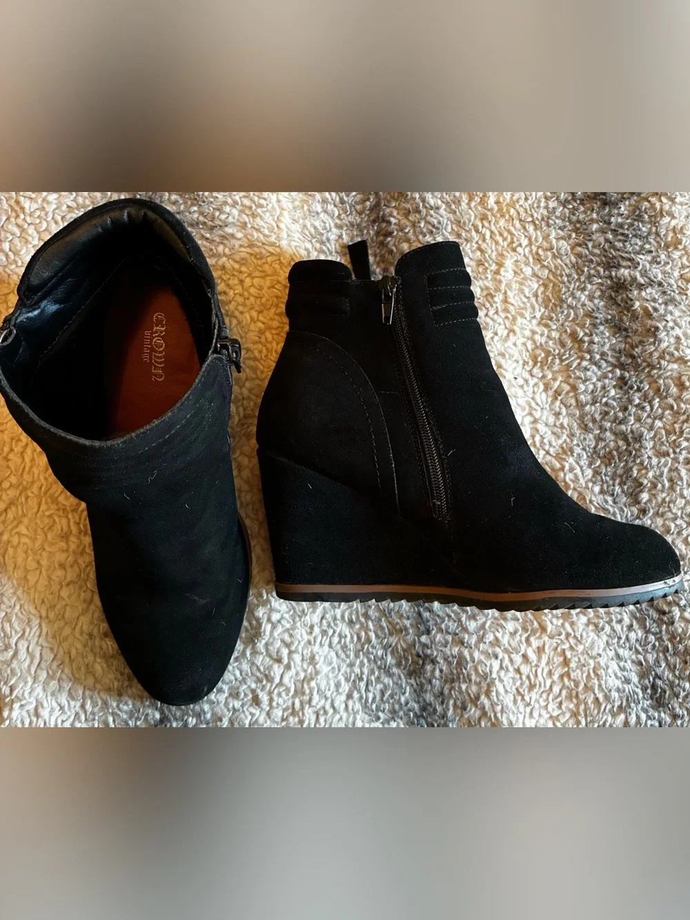 Women’s Black Suede Wedge Ankle Booties with Side Zip